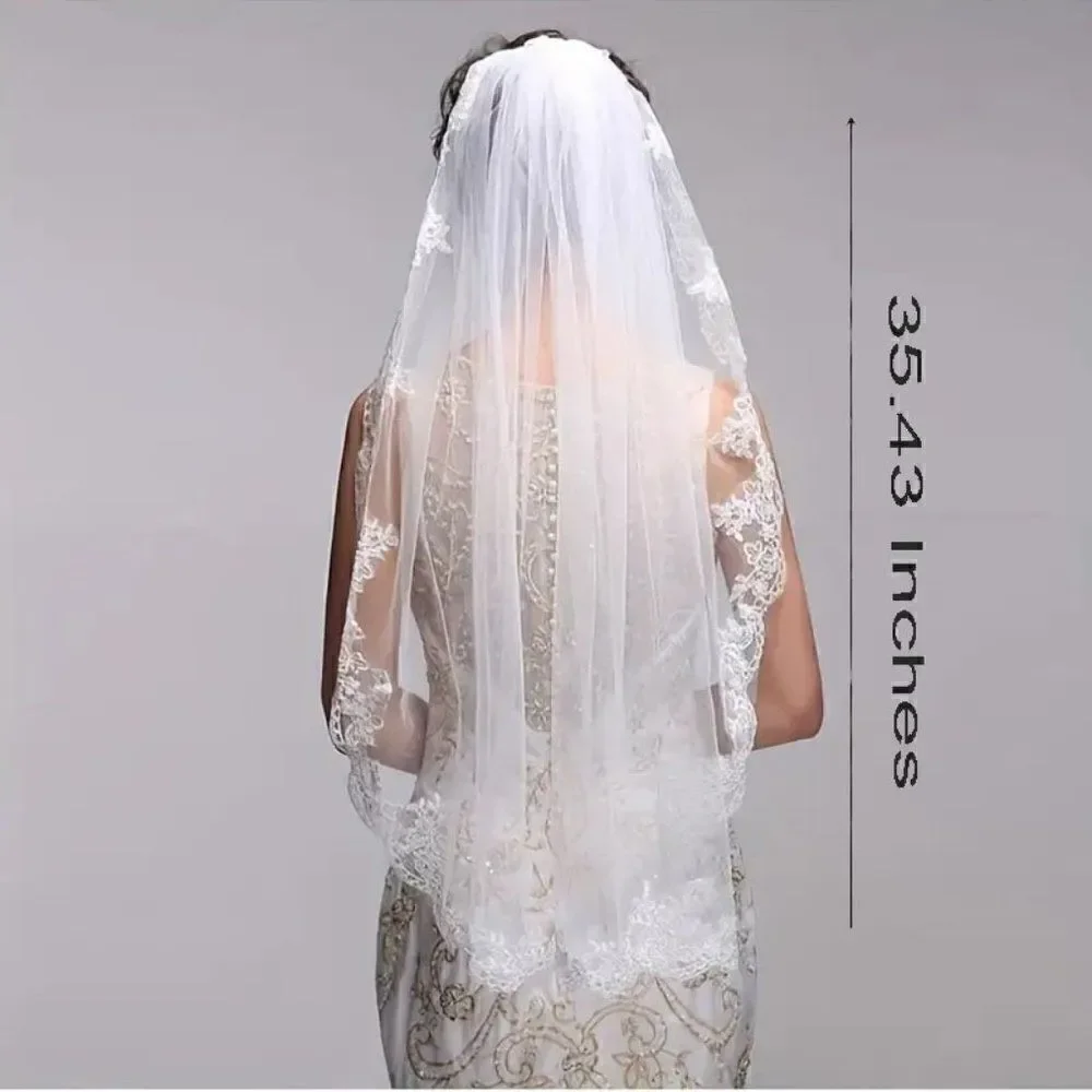Embroidered Lace and Gems Edge Fingertip Bridal Wedding Veil White With Comb